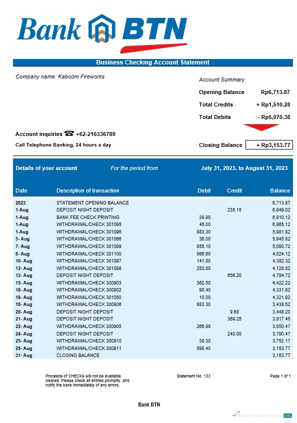 Download Bank BTN company account statement Word and PDF template Photoshop template